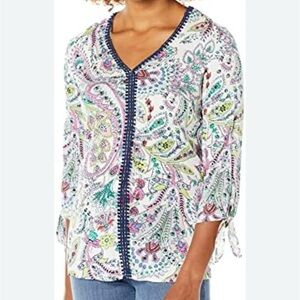 TRIBAL, WOMENS, RAYON/SPANDEX, V-NECK TOP. 3/4 SLEEVE WITH TIE KNOT. SIZE P/S